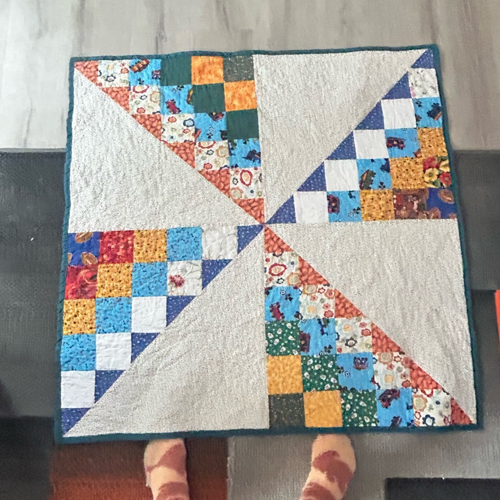 Handmade Pinwheel Patchwork Quilt - Cream with Multicolor Accents